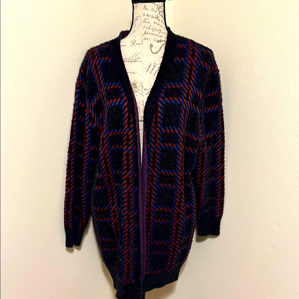 BloomChic Black and Red Geometric Cardigan 14/16 NWOT